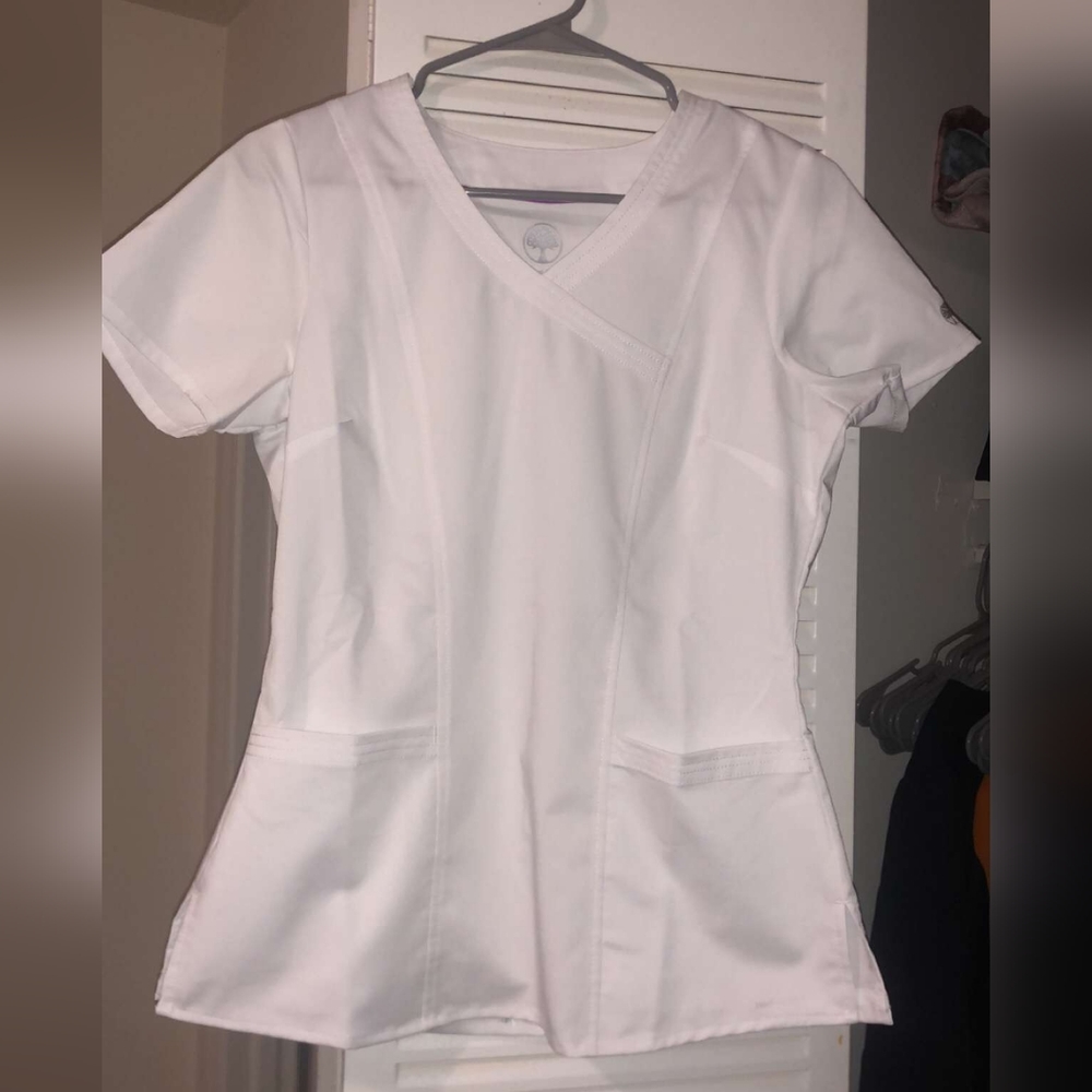 Healing Hands small white scrub top